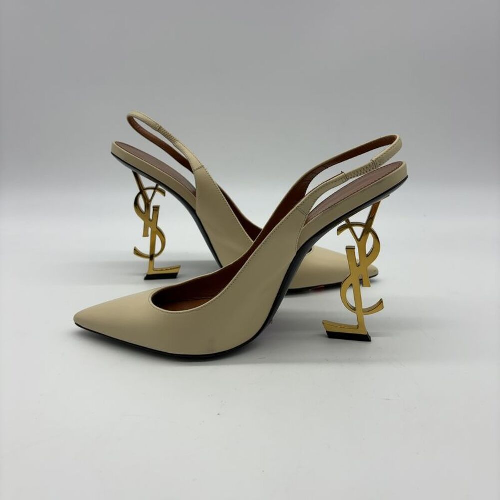 Yves Saint Laurent Cream Slingback Heels with Gold Accent - Picture 6 of 10